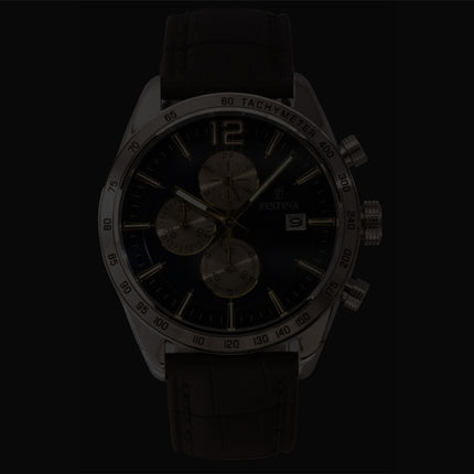 Festina Chronograph Herrenuhr mit Lederarmband, blauem Zifferblatt und Quarzwerk, Modell F16760-7