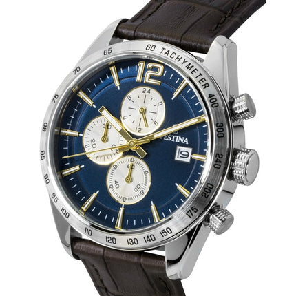 Festina Chronograph Herrenuhr mit Lederarmband, blauem Zifferblatt und Quarzwerk, Modell F16760-7