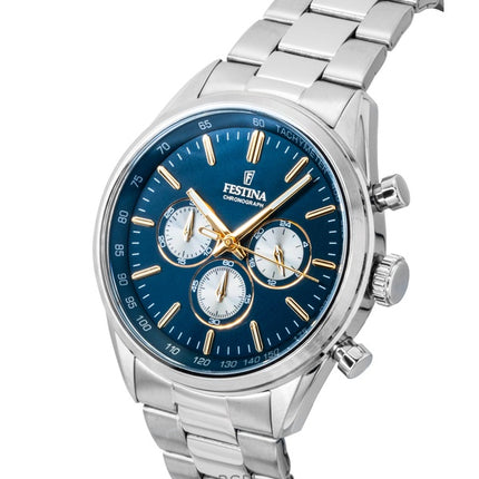 Festina Timeless Chronograph Edelstahl Blaues Zifferblatt Quarz F16820-C Herrenuhr