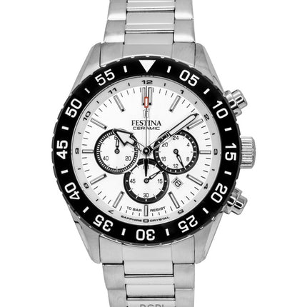 Festina Keramik Chronograph Edelstahl Weißes Zifferblatt Quarz F20575-1 100M Herrenuhr