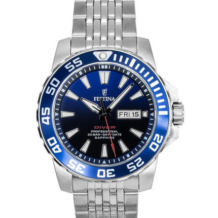 Festina Edelstahl Blaues Zifferblatt Quarz Taucheruhr F20661-1 200M Herrenuhr