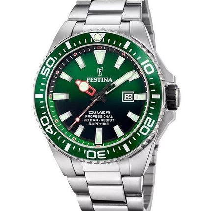 Festina The Originals Edelstahl grünes Zifferblatt Quarz Taucheruhr F20663-2 200M Herrenuhr