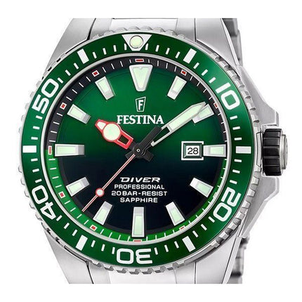 Festina The Originals Edelstahl grünes Zifferblatt Quarz Taucheruhr F20663-2 200M Herrenuhr