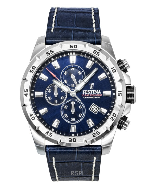 Festina Timeless Chronograph Lederarmband Blaues Zifferblatt Quarz F20692-2 100M Herrenuhr