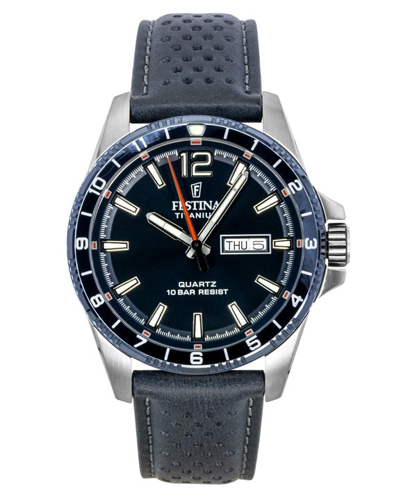 Festina Herrenuhr aus Titan, analog, mit Lederarmband, blauem Zifferblatt und Quarzwerk, Modell F20699-2, wasserdicht bis 100 m