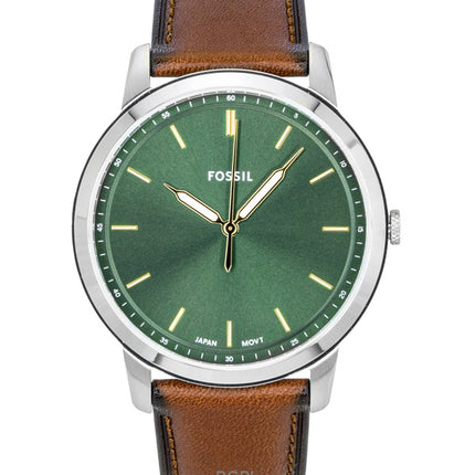 Fossil Minimalist Herrenuhr mit Lederarmband, grünem Zifferblatt und Quarzwerk, Modell FS6094
