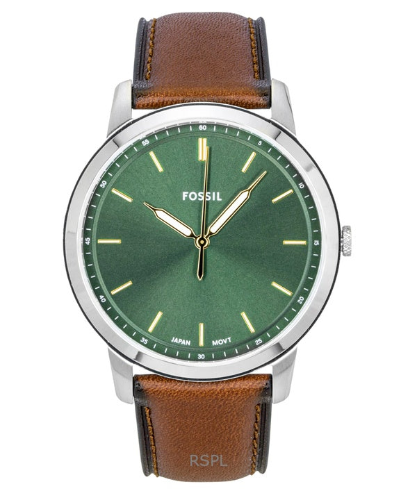 Fossil Minimalist Herrenuhr mit Lederarmband, grünem Zifferblatt und Quarzwerk, Modell FS6094