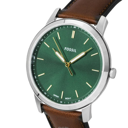 Fossil Minimalist Herrenuhr mit Lederarmband, grünem Zifferblatt und Quarzwerk, Modell FS6094