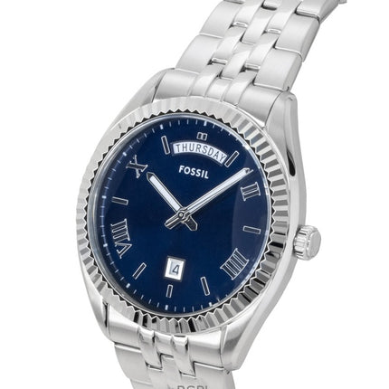 Fossil Campbell Herrenuhr aus Edelstahl mit blauem Zifferblatt und Quarzwerk, Modell FS6140