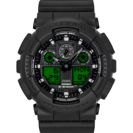 Casio G-Shock Analog-Digital Herrenuhr mit schwarzem Zifferblatt, Quarzwerk und Harzgehäuse, Modell GA-100BEG-1A, wasserdicht bis 200 m