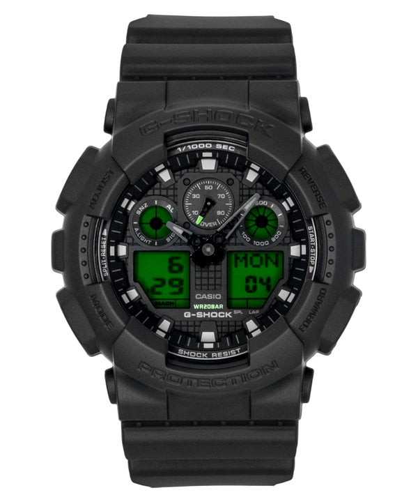 Casio G-Shock Analog-Digital Herrenuhr mit schwarzem Zifferblatt, Quarzwerk und Harzgehäuse, Modell GA-100BEG-1A, wasserdicht bis 200 m