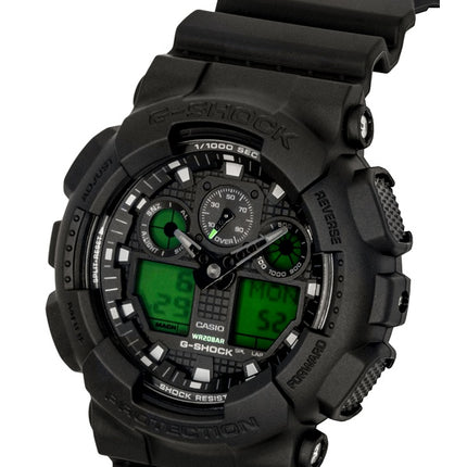 Casio G-Shock Analog-Digital Herrenuhr mit schwarzem Zifferblatt, Quarzwerk und Harzgehäuse, Modell GA-100BEG-1A, wasserdicht bis 200 m