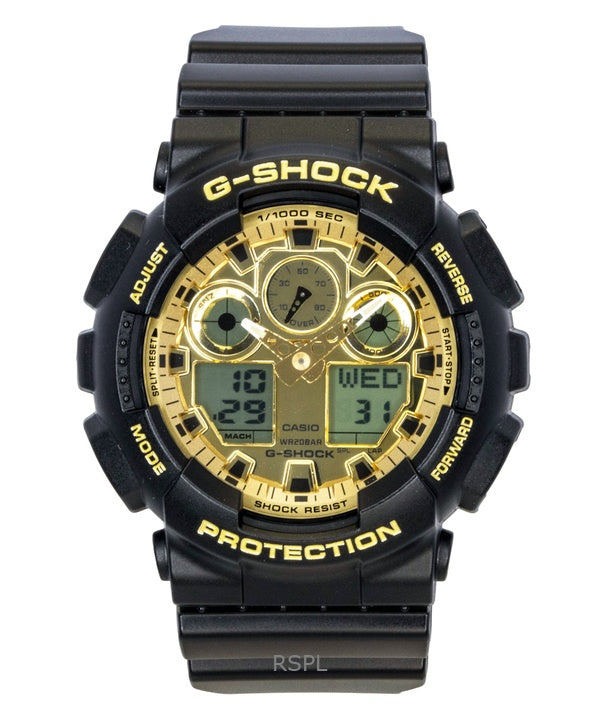 Casio G-Shock Herrenuhr mit Harzarmband, analog-digitalem Zifferblatt, goldenem Zifferblatt, Quarzwerk, GA-100GGB-1A9, wasserdicht bis 200 m