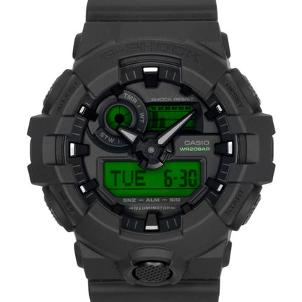 Casio G-Shock Analog-Digital Herrenuhr mit schwarzem Zifferblatt, Quarzwerk und Harzgehäuse, Modell GA-700BEG-1A, wasserdicht bis 200 m