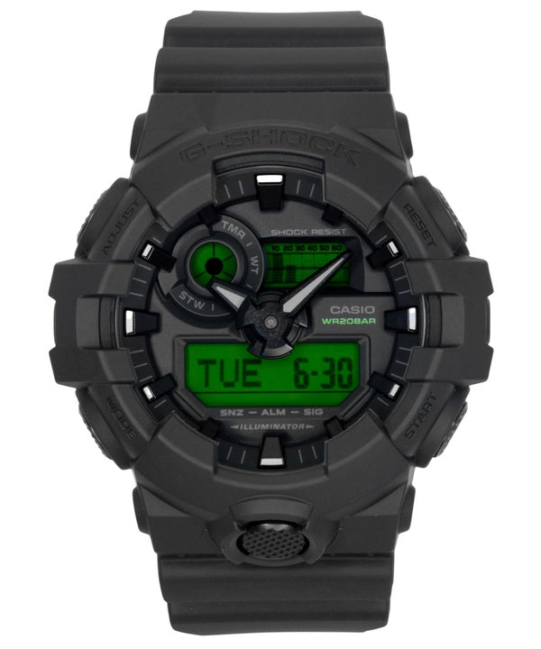 Casio G-Shock Analog-Digital Herrenuhr mit schwarzem Zifferblatt, Quarzwerk und Harzgehäuse, Modell GA-700BEG-1A, wasserdicht bis 200 m