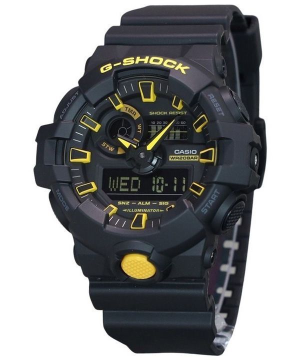 Casio G-Shock Caution Gelbes analoges digitales Harzarmband mit schwarzem Zifferblatt und Quarz GA-700CY-1A 200M Herrenuhr
