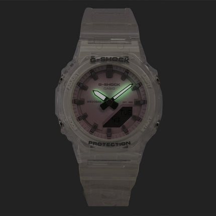 Casio G-Shock Analog-Digital Damenuhr mit transparentem Harzarmband, rosa Zifferblatt, Quarzwerk, GMA-P2100SR-7A, wasserdicht bis 200 m