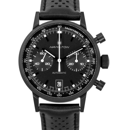 Hamilton American Classic Intra Matic Chronograph, Lederarmband, schwarzes Zifferblatt, Automatik, H38446730, 100 m, Herrenuhr