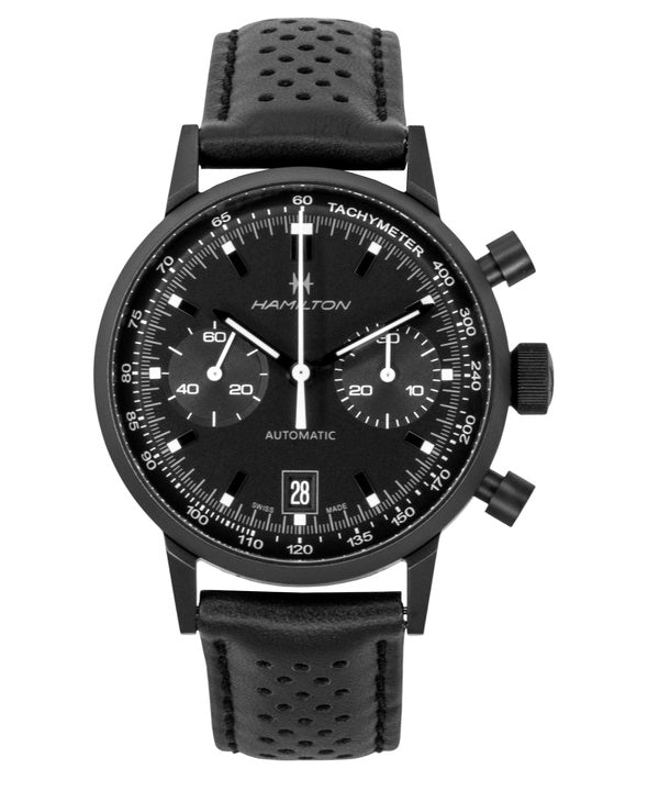 Hamilton American Classic Intra Matic Chronograph, Lederarmband, schwarzes Zifferblatt, Automatik, H38446730, 100 m, Herrenuhr