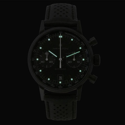 Hamilton American Classic Intra Matic Chronograph, Lederarmband, schwarzes Zifferblatt, Automatik, H38446730, 100 m, Herrenuhr