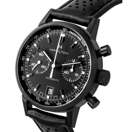 Hamilton American Classic Intra Matic Chronograph, Lederarmband, schwarzes Zifferblatt, Automatik, H38446730, 100 m, Herrenuhr