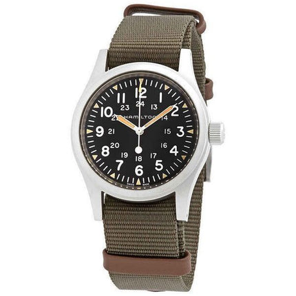 Hamilton Khaki Field Green Nylonarmband mit schwarzem Zifferblatt, mechanisch, H69439931, Herrenuhr