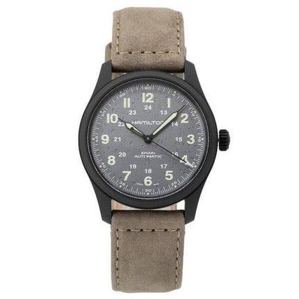 Hamilton Khaki Field Herrenuhr mit Titan-Lederarmband und grauem Zifferblatt, automatisch, H70215880, 100 m