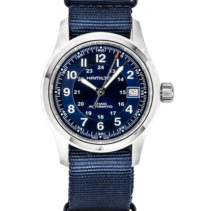 Hamilton Khaki Field Herrenuhr mit Textil-NATO-Armband, blauem Zifferblatt, Automatik, H70455940, wasserdicht bis 100 m