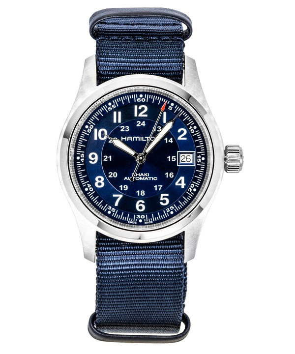 Hamilton Khaki Field Herrenuhr mit Textil-NATO-Armband, blauem Zifferblatt, Automatik, H70455940, wasserdicht bis 100 m