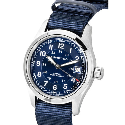 Hamilton Khaki Field Herrenuhr mit Textil-NATO-Armband, blauem Zifferblatt, Automatik, H70455940, wasserdicht bis 100 m