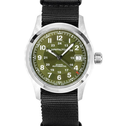 Hamilton Khaki Field Herrenuhr mit Textilarmband, grünem Zifferblatt, Automatik, H70455960, wasserdicht bis 100 m