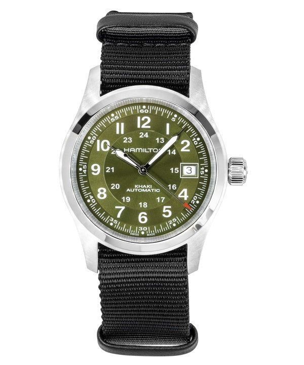 Hamilton Khaki Field Herrenuhr mit Textilarmband, grünem Zifferblatt, Automatik, H70455960, wasserdicht bis 100 m