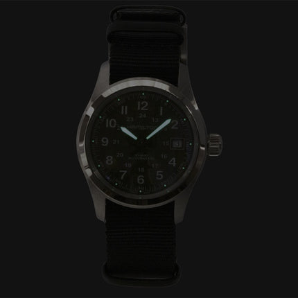 Hamilton Khaki Field Herrenuhr mit Textilarmband, grünem Zifferblatt, Automatik, H70455960, wasserdicht bis 100 m