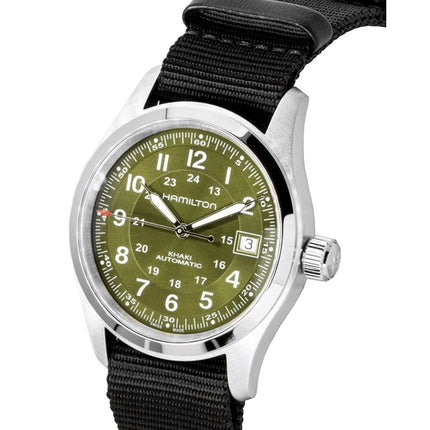 Hamilton Khaki Field Herrenuhr mit Textilarmband, grünem Zifferblatt, Automatik, H70455960, wasserdicht bis 100 m