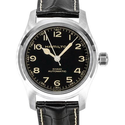 Hamilton Khaki Field Murph Herrenuhr mit Lederarmband, schwarzem Zifferblatt, Automatik, H70605732, wasserdicht bis 100 m, inklusive zusätzlichem Armband