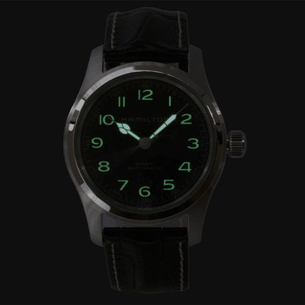 Hamilton Khaki Field Murph Herrenuhr mit Lederarmband, schwarzem Zifferblatt, Automatik, H70605732, wasserdicht bis 100 m, inklusive zusätzlichem Armband