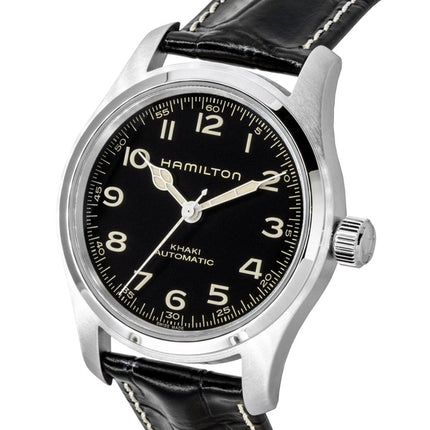 Hamilton Khaki Field Murph Herrenuhr mit Lederarmband, schwarzem Zifferblatt, Automatik, H70605732, wasserdicht bis 100 m, inklusive zusätzlichem Armband
