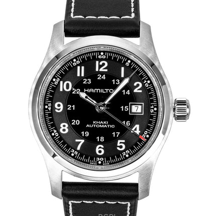 Hamilton Herrenuhr mit khakifarbenem Lederarmband, schwarzem Zifferblatt, Automatik, H70605733, wasserdicht bis 100 m