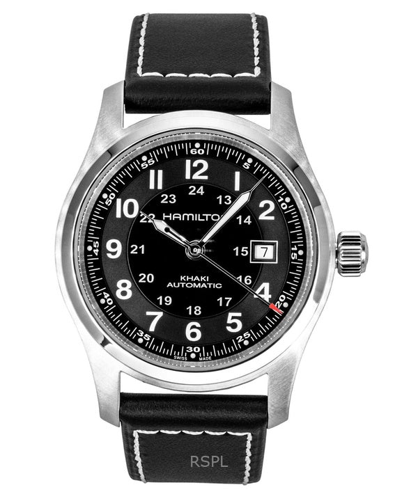 Hamilton Herrenuhr mit khakifarbenem Lederarmband, schwarzem Zifferblatt, Automatik, H70605733, wasserdicht bis 100 m