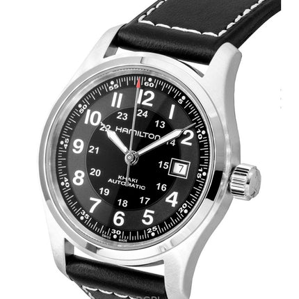 Hamilton Herrenuhr mit khakifarbenem Lederarmband, schwarzem Zifferblatt, Automatik, H70605733, wasserdicht bis 100 m
