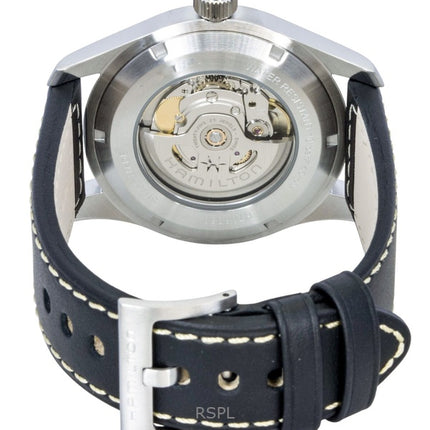 Hamilton Herrenuhr mit khakifarbenem Lederarmband, schwarzem Zifferblatt, Automatik, H70605733, wasserdicht bis 100 m