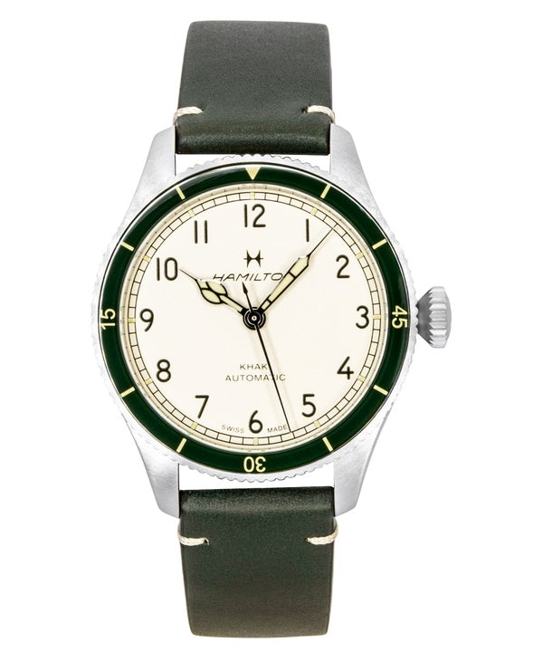 Hamilton Khaki Aviation Pilot Pioneer Herrenuhr mit Lederarmband, weißem Zifferblatt, Automatik, H76255810, wasserdicht bis 100 m
