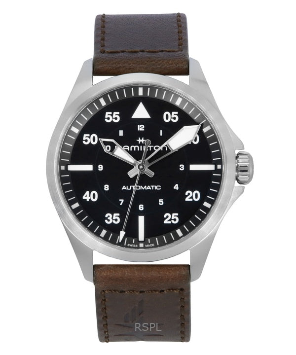 Hamilton Khaki Aviation Pilot Lederarmband Schwarzes Zifferblatt Automatik H76305530 100M Herrenuhr