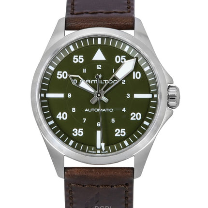 Hamilton Khaki Aviation Pilot Lederarmband Grünes Zifferblatt Automatik H76305560 100M Herrenuhr