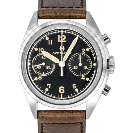 Hamilton Khaki Aviation Pilot Pioneer Chronograph Herrenuhr mit Lederarmband, schwarzem Zifferblatt und mechanischem Mechanismus, Modell H76409530, wasserdicht bis 100 m