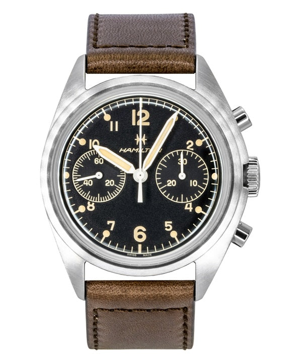 Hamilton Khaki Aviation Pilot Pioneer Chronograph Herrenuhr mit Lederarmband, schwarzem Zifferblatt und mechanischem Mechanismus, Modell H76409530, wasserdicht bis 100 m
