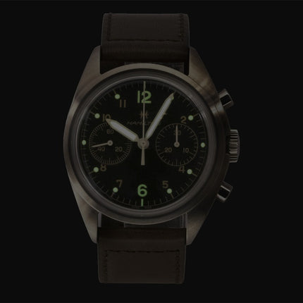 Hamilton Khaki Aviation Pilot Pioneer Chronograph Herrenuhr mit Lederarmband, schwarzem Zifferblatt und mechanischem Mechanismus, Modell H76409530, wasserdicht bis 100 m