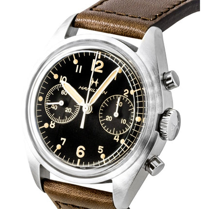 Hamilton Khaki Aviation Pilot Pioneer Chronograph Herrenuhr mit Lederarmband, schwarzem Zifferblatt und mechanischem Mechanismus, Modell H76409530, wasserdicht bis 100 m