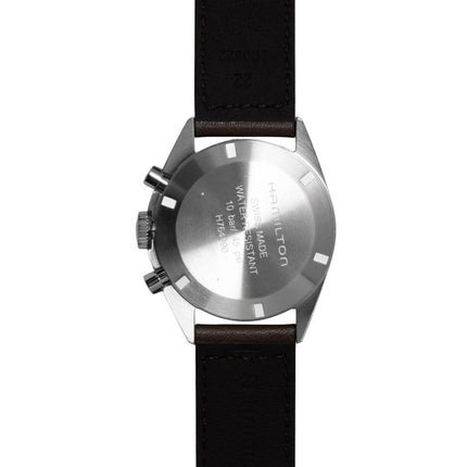 Hamilton Khaki Aviation Pilot Pioneer Chronograph Herrenuhr mit Lederarmband, schwarzem Zifferblatt und mechanischem Mechanismus, Modell H76409530, wasserdicht bis 100 m