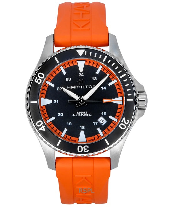 Hamilton Khaki Navy Scuba Orange Kautschukarmband schwarzes Zifferblatt Automatik H82395331 100M Herrenuhr
